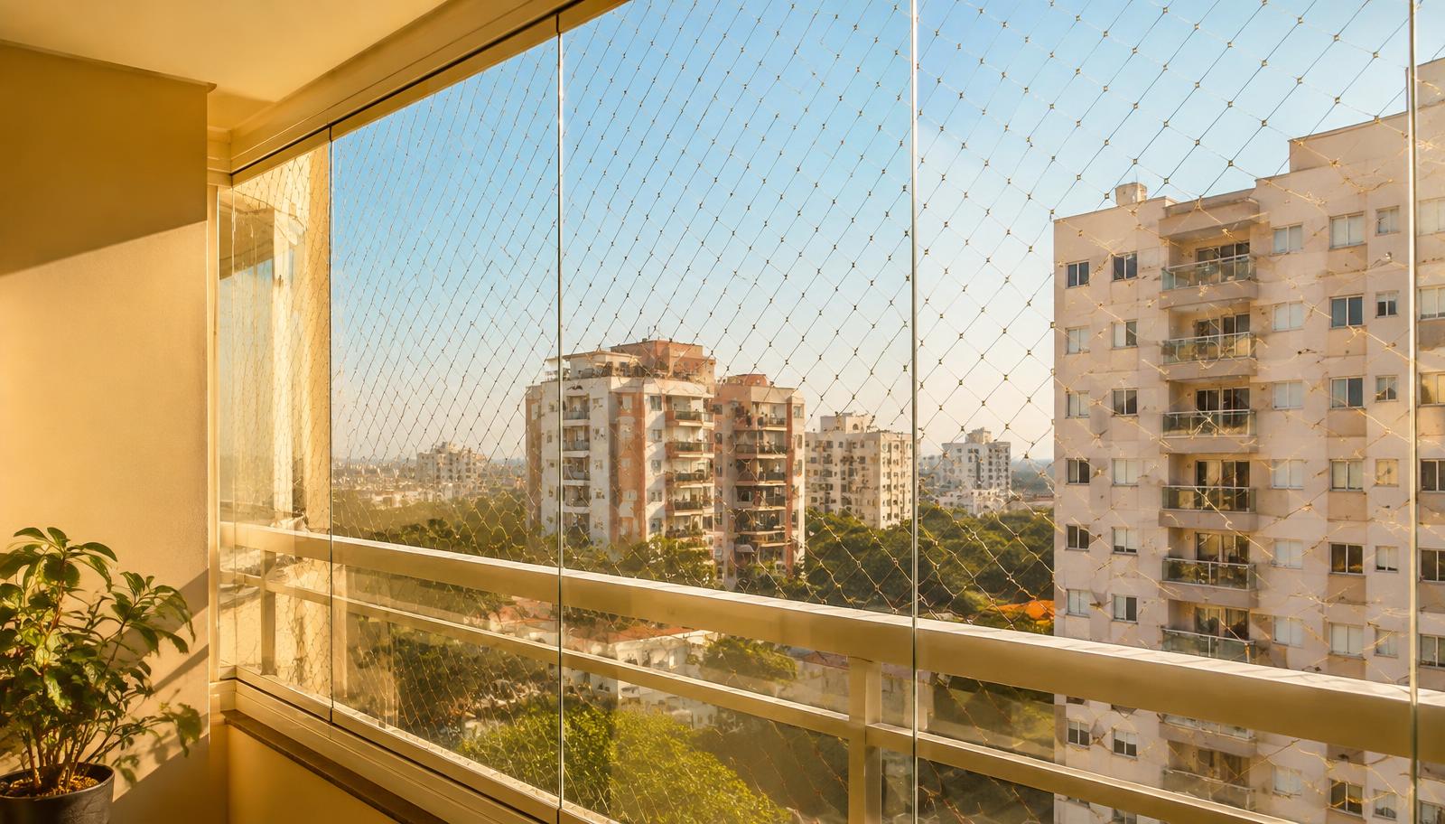 Sacada de apartamento protegida com rede de proteção em Curitiba