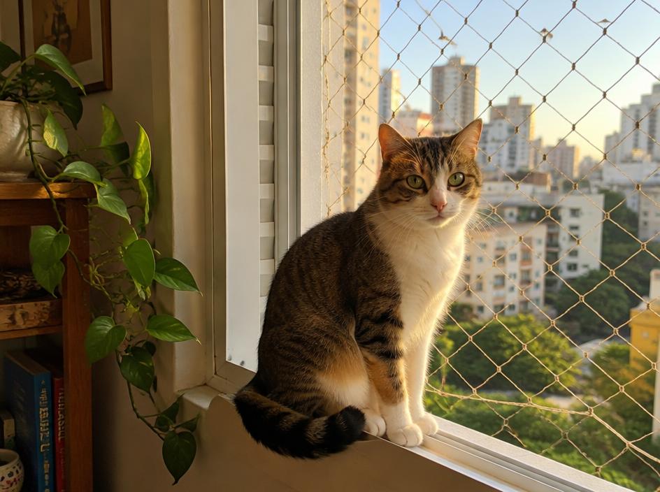 Gato protegido por rede de proteção instalada pela MAX